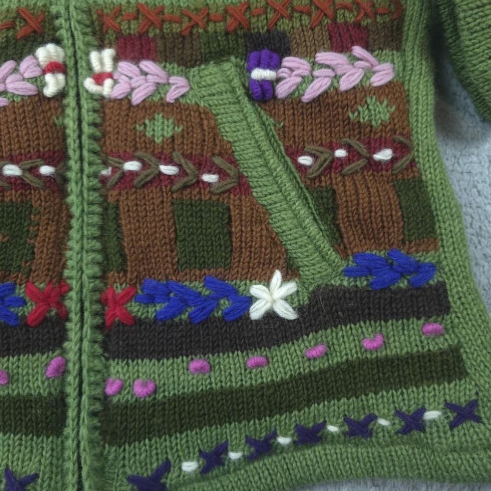 Sweater Womens Medium Green Hooded Wool Knit Embroidered Floral Nepal Boho - Picture 2 of 10